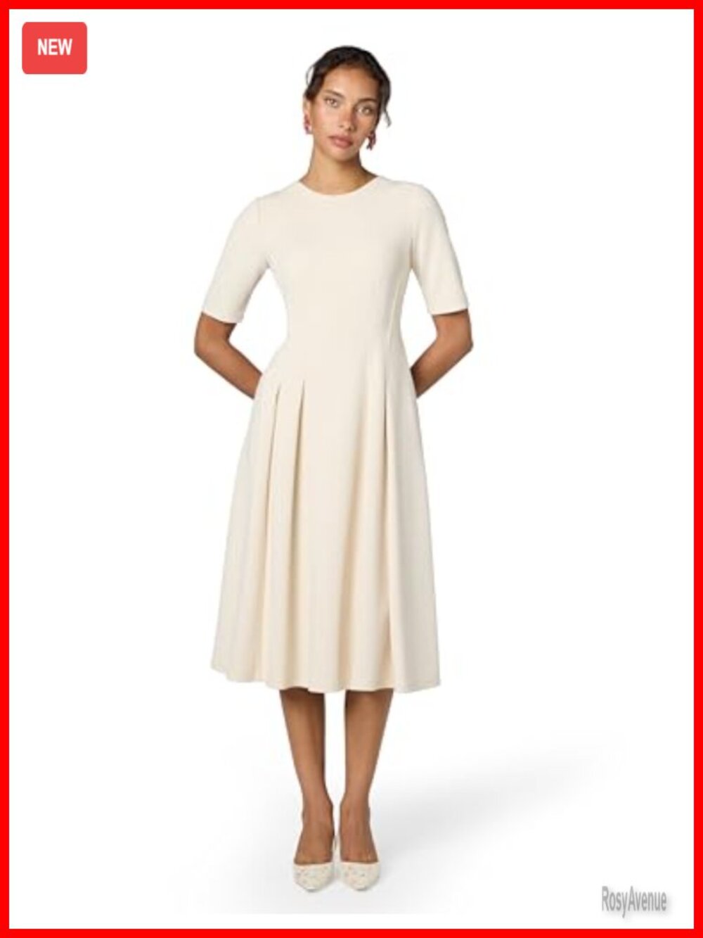 Short Sleeve Double Pleat Midi Dress with Pockets and Lined A-Line Silhouette